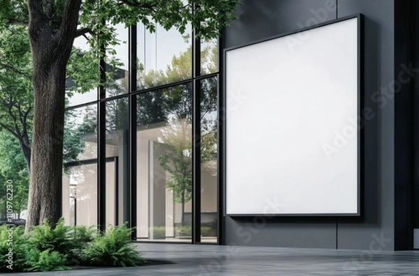 Fototapeta Modern Office Building with Large Blank White Poster, Glass Windows, and Tree in the Foreground, Minimalist Photography with Contrast of Black Frames and White Poster.