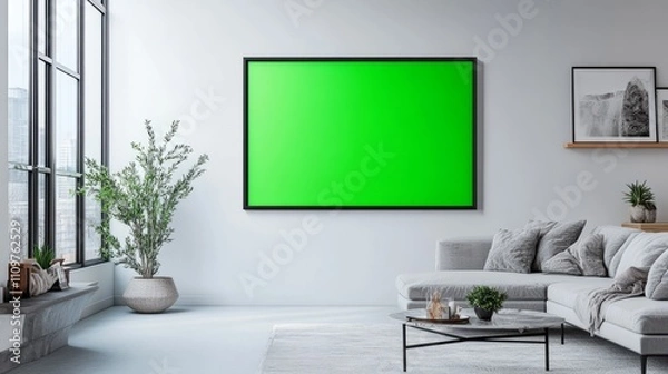 Fototapeta A wide, minimalist frame with a green screen, placed in a cozy living room on a cream wall