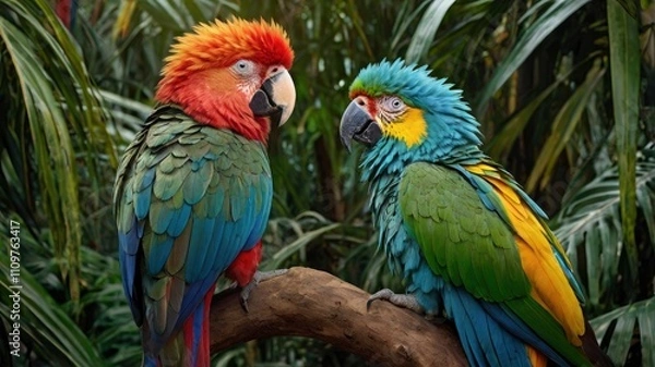 Fototapeta A majestic hybrid of a parrot and a lion, featuring the vibrant feathers of a tropical parrot in shades of green, blue, and red. Its head is a lion’s with a golden mane blending seamless