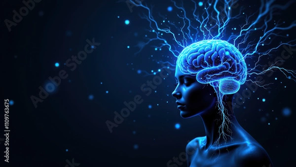 Fototapeta Image of a human head with electric blue brain, representing AI or AGI.
