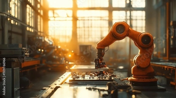 Obraz A collaborative robot assembling parts on a glowing factory floor, warm cinematic light streaming through windows