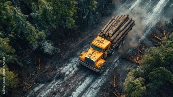 Fototapeta Logging Truck Navigating Through Dense Forest