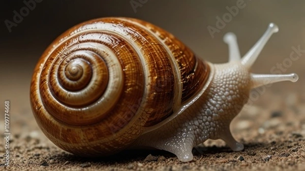 Fototapeta Close-up of a snail with a brown and beige shell crawling on the ground.