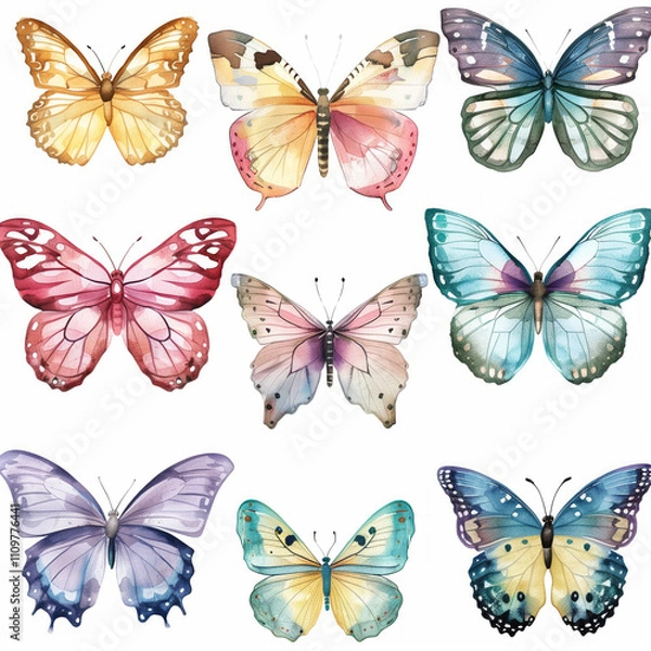 Fototapeta A collection of variously colored butterflies resting on a white background