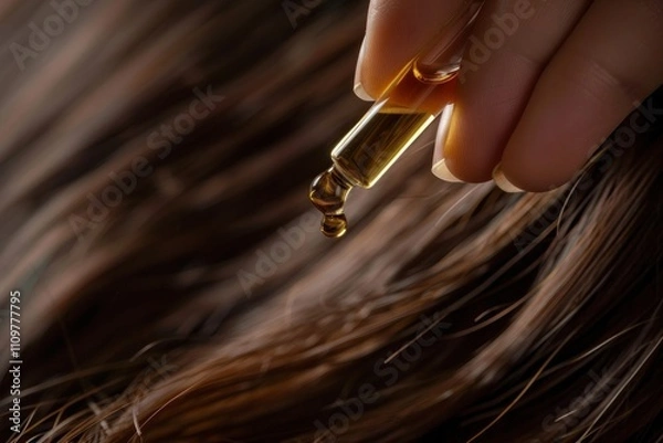 Fototapeta Close-up of a hand using an eyedropper to apply oil to shiny brown hair, highlighting the elegance of home skincare in a calming setting