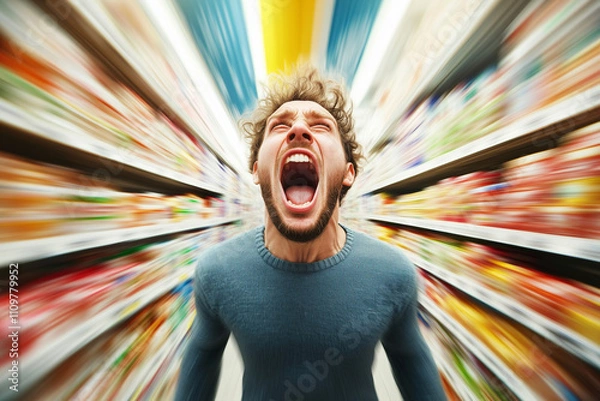 Obraz An overwhelmed shopper shouts in frustration amid crowded grocery store aisles, reflecting stress and chaos.