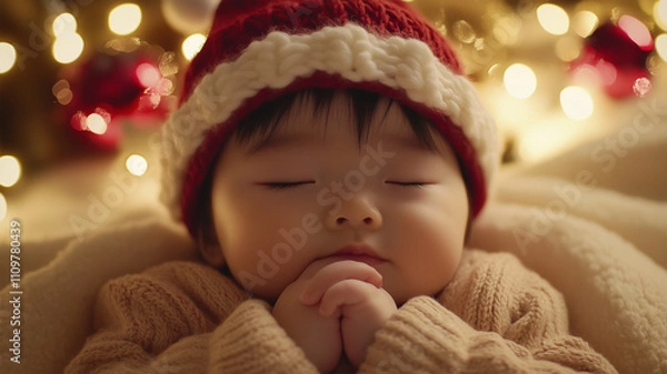 Obraz クリスマスハットをかぶって眠る日本人赤ちゃん