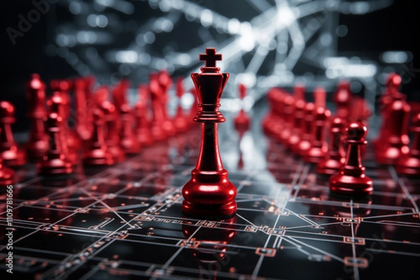 Fototapeta Red Chess Pieces on a Digital Battlefield