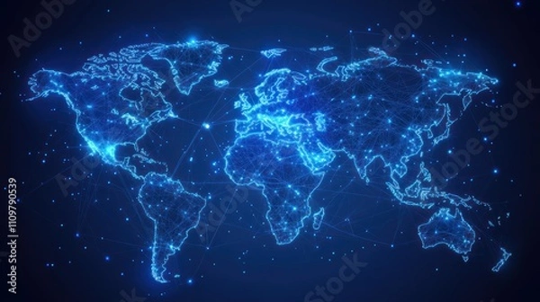 Fototapeta Digital world map with interconnected data points.