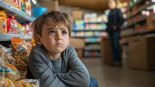 Fototapeta A child sitting on the floor of a grocery store, crying, surrounded by opened snack packages, while their parent stands nearby looking frustrated