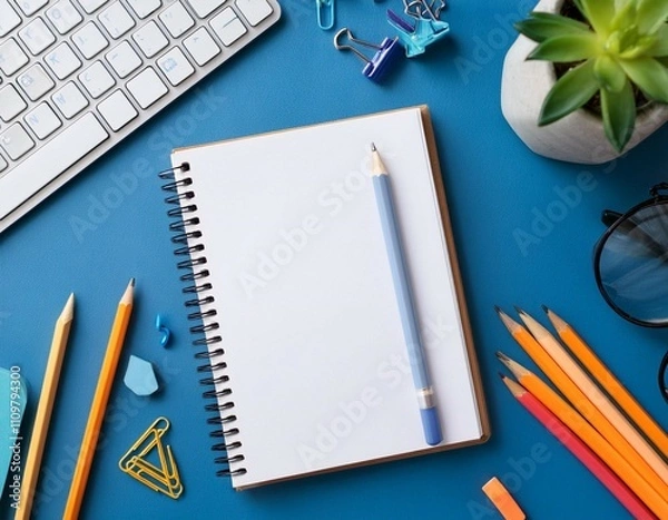 Fototapeta flat lay top view office table desk with stationery notebook keyboard pencils with isolated mockup on blue background back to school concept