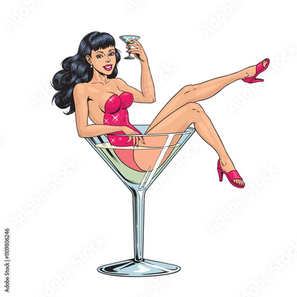 Obraz Beautiful girl in cocktail glass isolated on white. Pin up style brunette burlesque dancer holding martini glass. Hand drawn vector illustration