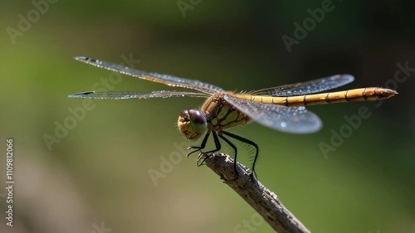 Fototapeta Yellow dragonfly perched on twig, close-up.