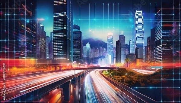 Fototapeta hong kong cityscape with traffic lights and digital overlay urban skyline skyscrapers buildings architecture