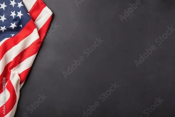 Obraz Photo of American flag on black background, text space for banner or flyer design with copy space, top view.