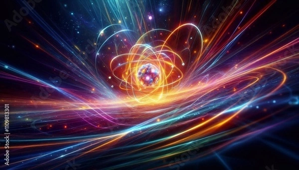 Fototapeta Wide-angle glowing depiction of an atom with swirling energy and particles, symbolizing atomic and quantum science