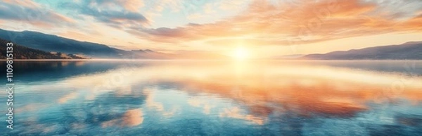 Obraz Serene Sunset Over Calm Mountain Lake Water