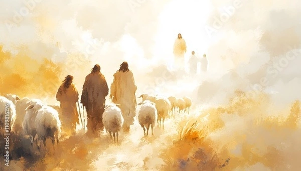 Obraz Shepherds Following Jesus and Their Flock Across Golden Fields