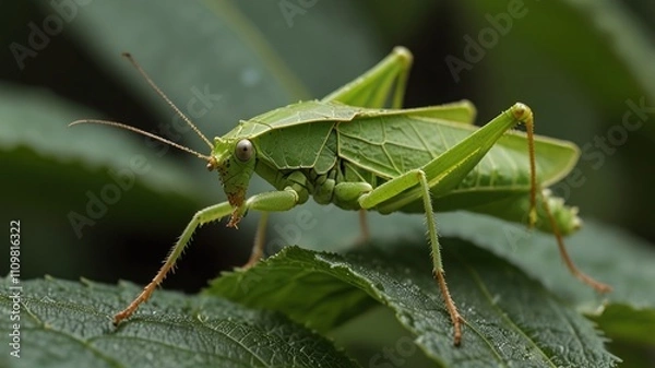 Fototapeta Close-up of a vibrant green katydid camouflaged on a leaf.