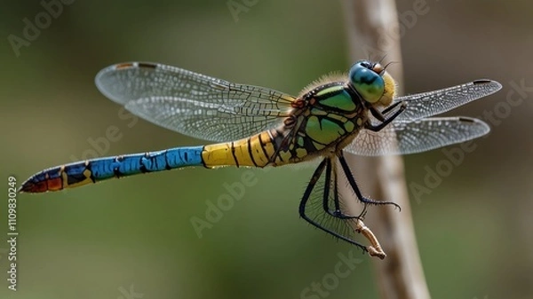 Fototapeta Vibrant dragonfly perched on twig, detailed view of wings and body.