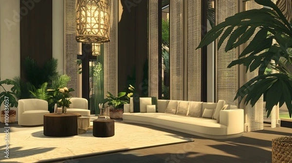 Fototapeta Modern Living Room Design With Lush Tropical Plants