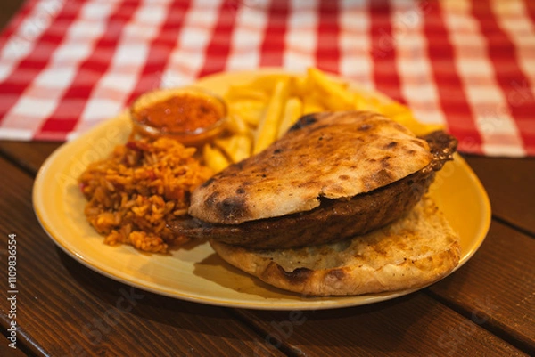 Fototapeta A delicious stuffed burger filled with melted cheese served alongside golden fries, seasoned rice, and a tangy dipping sauce on a checkered tablecloth.