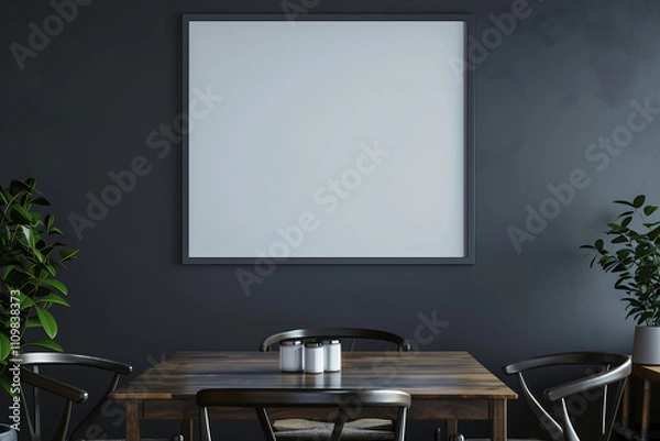 Fototapeta Contemporary dark dining area featuring an empty poster mock-up frame, wooden table, sleek black chairs, and lush green potted plants for a modern and cozy atmosphere