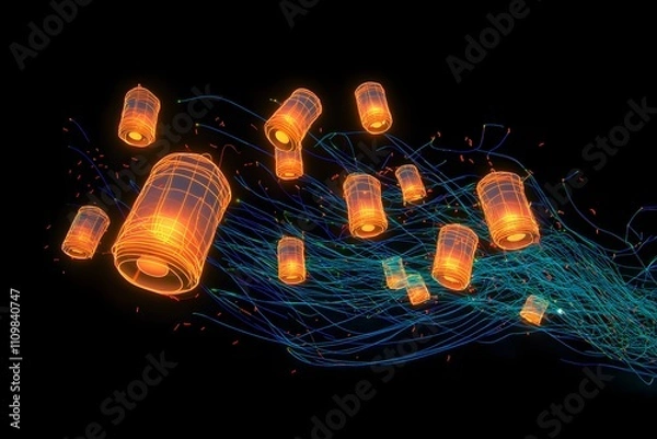 Fototapeta A dynamic neon wireframe display of glowing lanterns floating in a dark sky.