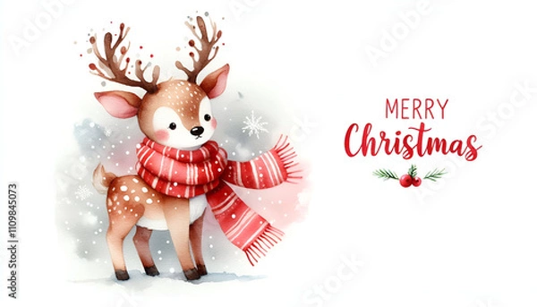 Fototapeta A cute reindeer is painted in watercolor style, with a background that is perfect for a merry Christmas and happy new year. The image has space for text.