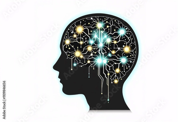 Fototapeta Representation of a human head with circuitry and glowing connections, symbolizing the integration of technology and the brain in the field of artificial intelligence and cognitive science