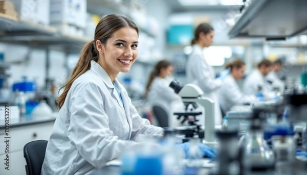 Fototapeta Portrait of a smiling female scientist working in a modern laboratory