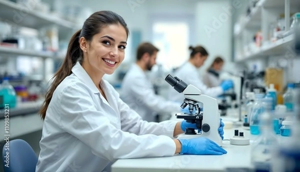 Fototapeta Young smiling female scientist using microscope in laboratory with colleagues working in background