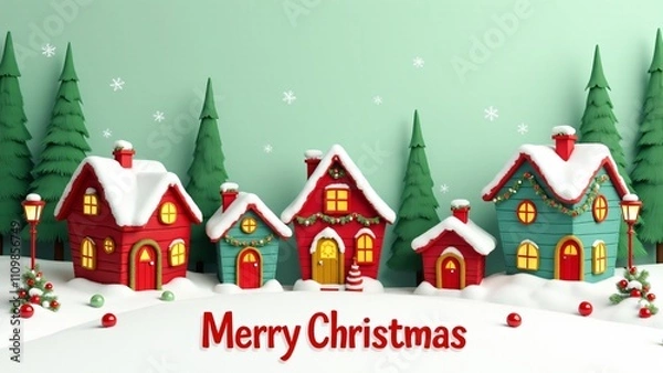 Fototapeta A festive Christmas village with snowy houses, pine trees, and Santa walking on a snowy path. Bright decorations and "Merry Christmas" text create a cheerful holiday atmosphere.