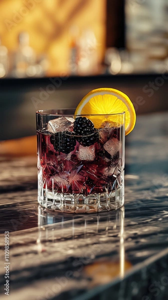 Obraz A photo of a Bramble cocktail with a lemon slice and blackberries on a modern stone bar table and background in a high class city lounge. Vertical layout.