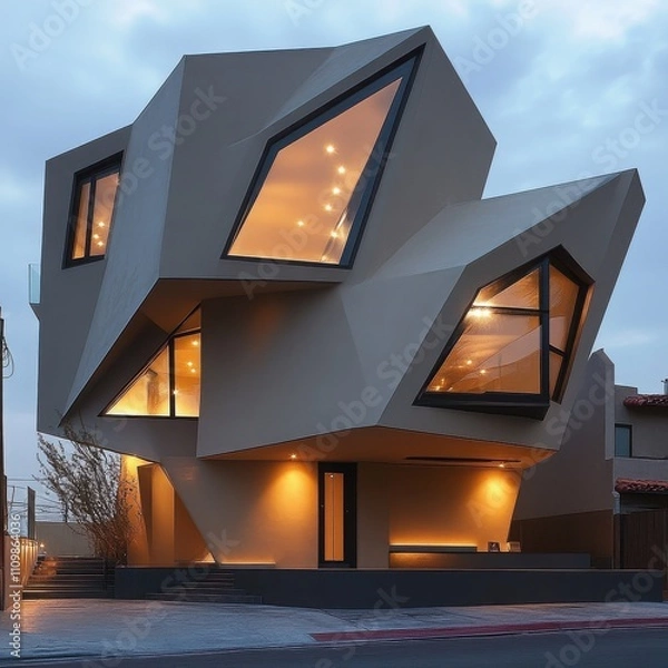 Fototapeta Modern Architectural Gem: Dusk settles on a striking, geometric home, its angular design and illuminated windows creating a captivating interplay of light and shadow.