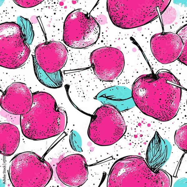 Obraz Fashion berry funny wallpapers. Seamless pattern with cherry on white background. Bright summer fruits illustration. Tropical Design for fabric and textile