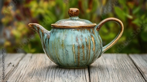 Fototapeta Ceramic teapot with a rustic design, placed on a natural wooden table