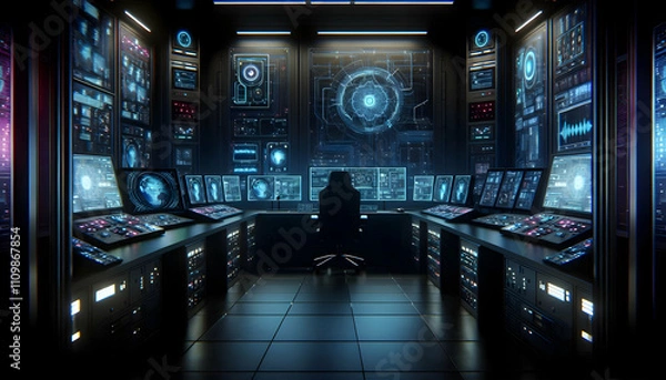 Fototapeta AI A dark, high-tech control room with neon-lit monitors and servers