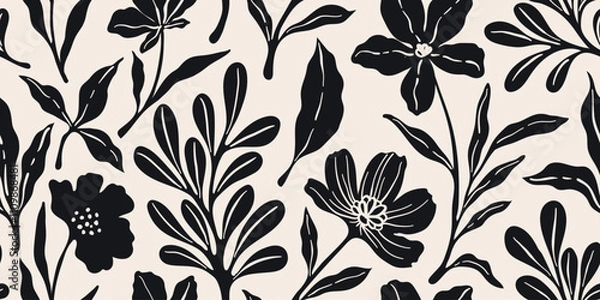Obraz Leaves branch and Hand Drawn doodle Scribble floral plants banner, seamless pattern. Creative minimalist Abstract art background. Design wall decoration, postcard, poster and brochure