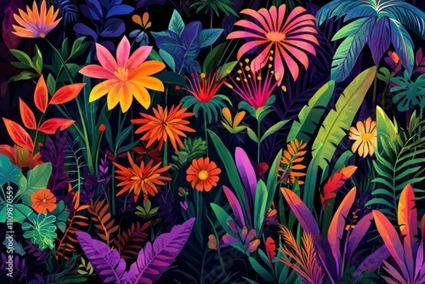 Fototapeta Colorful tropical flowers and lush green foliage on a dark background, creating a vibrant and lively garden scene. Nature and floral design concept.