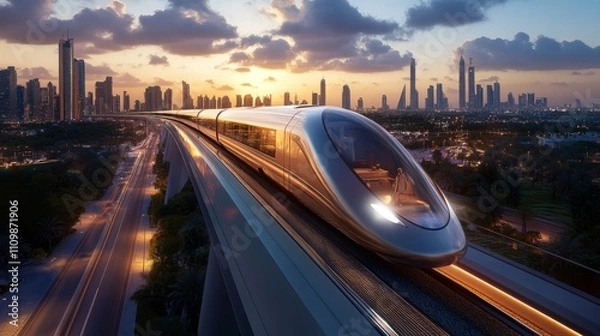 Obraz Futuristic High-Speed Train Gliding Through Urban Landscape at Sunset