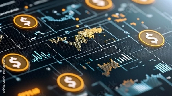 Fototapeta Global Financial Network Digital Currency Transactions Visualization