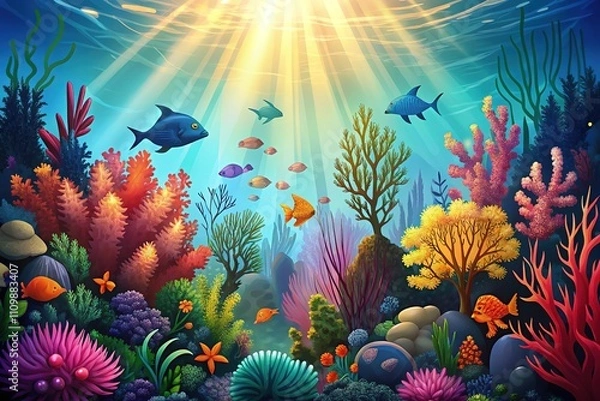 Fototapeta Underwater Coral Reef Scene - Silhouette Animals & Bokeh