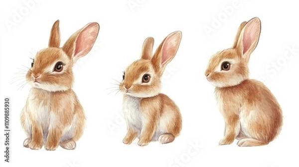 Fototapeta Children's picture book style, cute rabbit, three views, front view, side view, back view.