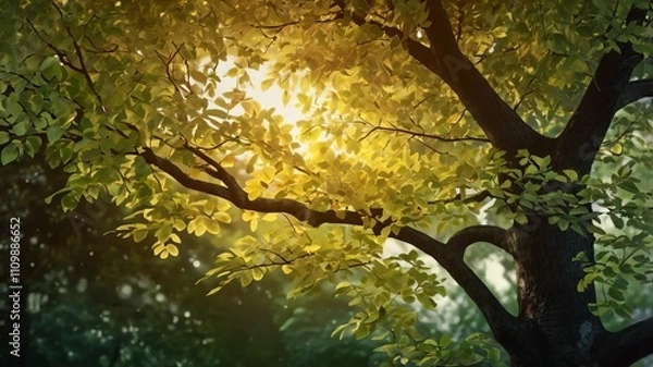 Fototapeta AI GENERATE background, A glowing tree with leaves of shifting gradients from green to gold