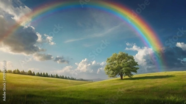 Fototapeta AI GENERATE background, A tranquil meadow scene with a gradient rainbow in the sky