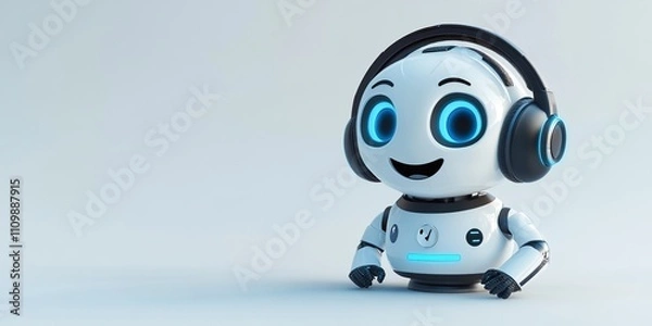 Fototapeta Adorable White Robot with Headphones Enjoying Music in a Light Studio Setting