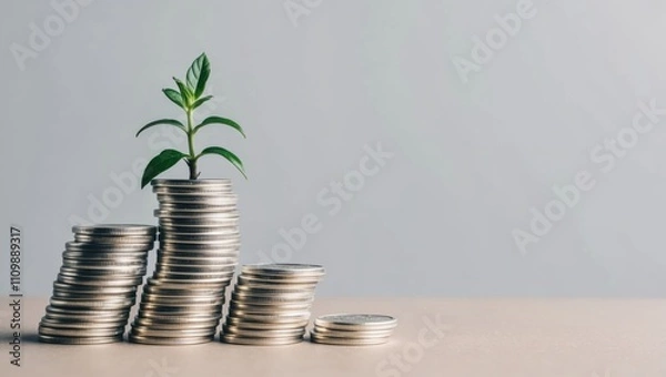 Fototapeta Growing investment represented by coins and a small plant demonstrating financial growth and sustainability