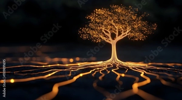 Obraz A glowing tree with intricate, illuminated roots extends across a dark background, symbolizing connection and life.
