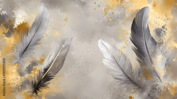 Fototapeta 3D wallpaper with feathers on a golden background, featuring gray and gold colors, and watercolor splashes